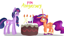 Size: 1920x1080 | Tagged: safe, artist:jbond, sunny starscout, twilight sparkle, alicorn, earth pony, pony, mlp fim's twelfth anniversary, g5, my little pony: a new generation, alternate hairstyle, anniversary, cake, candle, earth pony twilight, food, happy birthday mlp:fim, implied discord, mane stripe sunny, princess sunny starscout, race swap, role reversal, shocked, shocked expression, shocked eyes, simple background, sunnycorn, text, unshorn fetlocks, white background