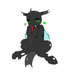 Size: 9000x9700 | Tagged: safe, artist:ginnythequeen, changeling, g4, :p, blushing, fangs, green blush, heart, simple background, sitting, solo, tongue out, transparent background