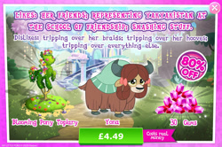 Size: 1953x1296 | Tagged: safe, gameloft, yona, yak, g4, my little pony: magic princess, advertisement, blooming pony topiary, bow, cloven hooves, costs real money, english, female, flower, gem, hair bow, horns, introduction card, monkey swings, numbers, sale, solo, text, tree