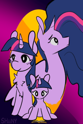 Size: 1800x2700 | Tagged: safe, artist:shiiiny, twilight sparkle, alicorn, pony, mlp fim's twelfth anniversary, g4, the last problem, ascension enhancement, book, eyebrows, female, filly, filly twilight sparkle, gradient background, older, older twilight, older twilight sparkle (alicorn), ponytober, princess twilight 2.0, reading, smiling, time paradox, triality, twilight sparkle (alicorn), younger