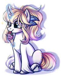 Size: 1950x2427 | Tagged: safe, artist:kannakiller, oc, oc only, oc:scarlett holmes, pony, unicorn, berry, blushing, commission, curved horn, cute, digital art, eating, eyelashes, feather, female, food, full body, herbivore, hooves, horn, ice cream, ice cream cone, licking, looking back, magic, mare, mint, simple background, sitting, sketch, smiling, solo, sparkles, strawberry, tail, tongue out, unshorn fetlocks, white background