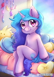 Size: 2480x3507 | Tagged: safe, artist:tokokami, izzy moonbow, pony, unicorn, semi-anthro, g5, arm hooves, cheek fluff, cute, female, high res, izzybetes, mare, pillow, shoulder fluff, sitting, smiling, solo, unshorn fetlocks