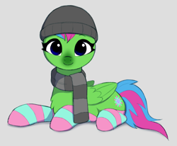 Size: 850x700 | Tagged: safe, artist:luminousdazzle, luminous dazzle, pegasus, pony, beanie, clothes, cold, female, hat, looking at you, lying down, mare, scarf, simple background, smiling, smiling at you, socks, solo, striped socks