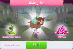 Size: 1263x856 | Tagged: safe, gameloft, yona, yak, g4, my little pony: magic princess, blooming pony topiary, bow, bundle, bush, cloven hooves, costs real money, english, female, flower, gem, hair bow, horns, numbers, sale, shiny set, solo, text