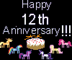 Size: 1000x830 | Tagged: safe, artist:duskendraws, derpibooru exclusive, applejack, fluttershy, pinkie pie, rainbow dash, rarity, twilight sparkle, alicorn, earth pony, pegasus, pony, unicorn, mlp fim's twelfth anniversary, g4, animated, anniversary, black background, cake, food, happy birthday mlp:fim, loop, mane six, pixel art, simple background