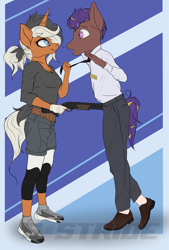 Size: 5435x8021 | Tagged: safe, artist:shade stride, oc, oc:arc stellite, unnamed oc, earth pony, unicorn, anthro, clothes, female, fishnet stockings, gloves, gun, leggings, male, mare, pants, robbery, shoes, shorts, shotgun, smiling, stallion, standing, watermark, weapon