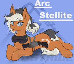 Size: 3729x3206 | Tagged: safe, artist:shade stride, oc, oc only, oc:arc stellite, pony, unicorn, female, goggles, gun, high res, holster, lying down, mare, prone, shotgun, solo, weapon