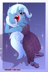 Size: 1446x2150 | Tagged: safe, artist:pdude, trixie, unicorn, anthro, plantigrade anthro, g4, armpits, clothes, dress, female, lidded eyes, looking at you, red eyes, shoes, sketch, smiling, sparkles, speedart