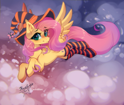 Size: 2700x2300 | Tagged: safe, artist:astralblues, artist:jsunlight, fluttershy, pegasus, pony, g4, chest fluff, clothes, collaboration, cute, ear fluff, female, flying, hat, high res, looking at you, mare, shyabetes, smiling, socks, solo, spread wings, striped socks, thigh highs, wings, witch hat