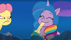 Size: 1674x938 | Tagged: safe, screencap, izzy moonbow, posey bloom, earth pony, pony, unicorn, g5, haunted house (episode), my little pony: tell your tale, spoiler:g5, spoiler:my little pony: tell your tale, spoiler:tyts01e31, amalgamation, amalgamizzy, clothes, coat markings, costume, cute, eating, eyes closed, fake wings, food, halloween, halloween costume, holiday, hoof polish, implied hitch trailblazer, implied pipp petals, implied sunny starscout, izzybetes, nightmare night costume, pasta, posey can't catch a break, slurp, smiling, socks (coat markings), solo, spaghetti