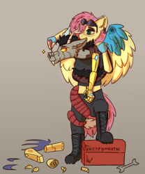 Size: 2000x2400 | Tagged: safe, artist:freak-side, discord, fluttershy, draconequus, pegasus, robot, robot draconequus, anthro, g4, alternate universe, boots, clothes, coils, cyrillic, discbot, goggles, high res, roboticization, screwdriver, shoes, signature, solo, toolbox, wrench