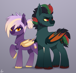 Size: 1100x1050 | Tagged: safe, artist:luminousdazzle, oc, oc only, oc:ametrine, oc:bloodstone, bat pony, pony, chest fluff, dad, duo, duo male and female, fangs, female, grumpy, hair tie, jewelry, looking at you, male, mare, mom, necklace, parent, raised hoof, smiling, stallion, unshorn fetlocks