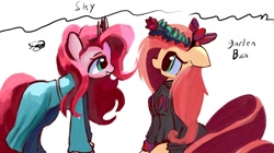 Size: 1200x672 | Tagged: safe, artist:solid shrimp, fluttershy, pinkie pie, earth pony, pegasus, pony, g4, bow, clothes, dress, floral head wreath, flower, wip