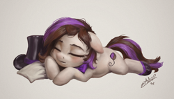 Size: 1200x685 | Tagged: safe, artist:assasinmonkey, oc, oc only, oc:bowtie, earth pony, pony, hat, sleeping, solo, top hat