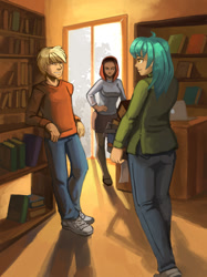 Size: 800x1067 | Tagged: safe, artist:asimos, artist:lexx2dot0, artist:maytee, lyra heartstrings, oc, oc:monica, oc:paul, human, fanfic:anthropology, g4, ass, book, bookstore, butt, fanfic art, female, humanized, leaning, male, philadelphia, trio