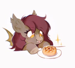 Size: 1024x926 | Tagged: safe, artist:dearmary, part of a set, oc, oc only, bat pony, pony, bat pony oc, cinnamon bun, commission, food, simple background, solo, tongue out, white background, ych result