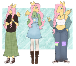 Size: 1280x1119 | Tagged: safe, artist:s0ftserve, fluttershy, pegasus, anthro, plantigrade anthro, g4, age progression, armpit hair, belly button, blushing, breasts, choker, chubby, cleavage, clothes, converse, curvy, cute, denim, dress, female, gender headcanon, hands behind back, headcanon, headcanon in the description, hoodie, jeans, jewelry, lgbt headcanon, long skirt, midriff, necklace, oversized clothes, oversized shirt, pants, peace sign, plaid skirt, playing with hair, plump, shirt, shoes, short shirt, shy, shyabetes, simple background, skirt, smiling, sneakers, solo, stockings, story included, sweater, t-shirt, thigh highs, trans female, trans fluttershy, transgender, transparent background, turtleneck, younger