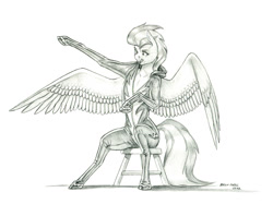 Size: 1500x1119 | Tagged: safe, artist:baron engel, misty fly, pegasus, anthro, unguligrade anthro, g4, black and white, clothes, equine, female, grayscale, mare, monochrome, mouth hold, open clothes, patreon, patreon reward, pencil drawing, simple background, sitting, solo, stool, tight clothing, traditional art, uniform, white background, wonderbolts, wonderbolts uniform, zipper