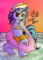 Size: 1302x1821 | Tagged: safe, artist:sepiakeys, oc, oc:blue giggles, unicorn, anthro, belly button, crossdressing, crotch bulge, inner tube, male, not misty, solo, traditional art