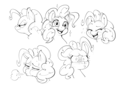 Size: 1844x1295 | Tagged: safe, artist:mickeymonster, pinkie pie, earth pony, pony, g4, blushing, breath, bust, laughing, monochrome, open mouth, open smile, portrait, simple background, sketch, sketch dump, smiling, sparkles, sweat, sweatdrop, white background