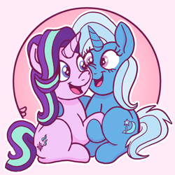 Size: 1914x1914 | Tagged: safe, artist:doodledonutart, starlight glimmer, trixie, pony, unicorn, g4, boop, cheek squish, duo, female, holding hooves, lesbian, open mouth, ponytober, ship:startrix, shipping, simple background, squishy cheeks