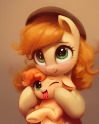 Size: 1024x1280 | Tagged: safe, ai assisted, ai content, alternate version, artist:qutee, derpibooru exclusive, generator:stable diffusion, part of a set, oc, oc only, earth pony, pony, bust, duo, duo female, female, mother and child, mother and daughter, open mouth, portrait, simple background, tongue out