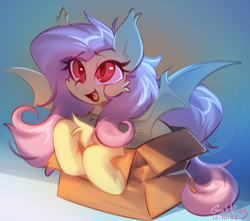 Size: 3400x3000 | Tagged: safe, artist:gicme, fluttershy, bat pony, pony, g4, bat ponified, box, chest fluff, cute, flutterbat, flutterbox, glowing, glowing eyes, happy, high res, open mouth, open smile, pony in a box, race swap, shyabates, shyabetes, simple background, smiling, solo, spread wings, wings