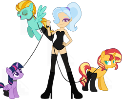 Size: 1005x815 | Tagged: safe, artist:kingbases, artist:yeetmedownthestairs, lightning dust, sunset shimmer, trixie, twilight sparkle, alicorn, human, pegasus, pony, unicorn, g4, alternate hairstyle, base used, boots, clothes, collar, commission, corset, eyes closed, eyeshadow, female, fishnet stockings, flying, hair over one eye, high heel boots, humanized, leash, makeup, mare, missing cutie mark, open mouth, pony pet, ponytail, shoes, simple background, smiling, smirk, socks, stockings, thigh highs, transparent background, twilight sparkle (alicorn)