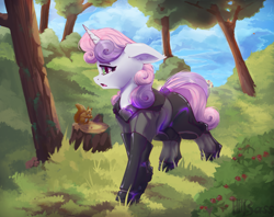 Size: 2591x2057 | Tagged: safe, artist:hitbass, sweetie belle, pony, squirrel, unicorn, clothes, forest, open mouth, scenery, solo, tail
