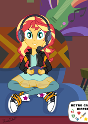 Size: 1080x1520 | Tagged: safe, artist:thunderdasher07, sunset shimmer, human, equestria girls, g4, game stream, my little pony equestria girls: better together, 3/4 length sleeves, abdl, clothes, controller, converse, couch, diaper, diaper fetish, diaper package, diaper under clothes, dress, female, fetish, game stream outfit, gamer, gamer girl, gamer sunset, gaming, headphones, headset, jacket, leather, leather jacket, non-baby in diaper, open clothes, open jacket, pants, poster, shoes, sitting, sneakers, socks, solo, sunset's apartment
