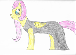 Size: 3508x2550 | Tagged: safe, artist:meanlucario, fluttershy, pegasus, pony, mlp fim's twelfth anniversary, g4, scare master, black dress, clothes, dress, halloween, high res, holiday, long mane, long tail, nightmare night, solo, tail, traditional art, wings