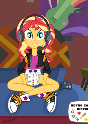 Size: 1080x1520 | Tagged: safe, alternate version, artist:thunderdasher07, derpibooru exclusive, sunset shimmer, human, equestria girls, g4, game stream, my little pony equestria girls: better together, 3/4 length sleeves, abdl, clothes, controller, converse, couch, diaper, diaper fetish, diaper package, female, fetish, gamer, gamer sunset, gaming, headphones, headset, jacket, leather, leather jacket, no pants, non-baby in diaper, open clothes, open jacket, pantsless, poster, shirt, shoes, show accurate, sitting, sneakers, socks, solo, sunset's apartment