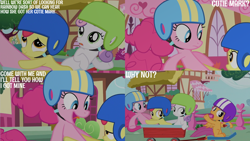 Size: 4400x2475 | Tagged: safe, edit, edited screencap, editor:quoterific, screencap, apple bloom, pinkie pie, scootaloo, sweetie belle, earth pony, pegasus, pony, unicorn, g4, season 1, the cutie mark chronicles, cutie mark crusaders, female, filly, foal, frown, group, helmet, mare, open mouth, open smile, quartet, scooter, smiling, wagon