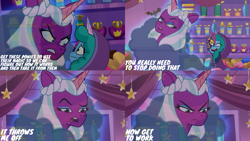 Size: 4400x2475 | Tagged: safe, edit, edited screencap, editor:quoterific, screencap, misty, opaline arcana, alicorn, pony, unicorn, g5, my little pony: tell your tale, nightmare night party, spoiler:g5, spoiler:my little pony: make your mark, spoiler:my little pony: tell your tale, spoiler:tyts01e30, cloak, clothes, costume, duo, duo female, evil laugh, eyeshadow, female, freckles, frown, gritted teeth, hologram, intimidated, laughing, looking at each other, looking at someone, makeup, mare, nervous, nightmare night costume, open mouth, open smile, scared, smiling, teeth, wavy mouth