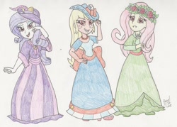 Size: 1400x1004 | Tagged: safe, artist:bageloftime, applejack, fluttershy, rarity, human, undead, vampire, equestria girls, g4, clothes, dress, fangs, female, long dress, long skirt, skirt, traditional art, trio