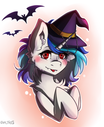 Size: 1400x1700 | Tagged: safe, artist:yuris, dj pon-3, vinyl scratch, bat, pony, undead, unicorn, vampire, g4, blushing, chest fluff, ear fluff, ears up, fangs, female, halloween, hat, holiday, red eyes, simple background, smiling, solo, witch hat