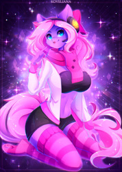 Size: 754x1060 | Tagged: safe, artist:koveliana, oc, oc only, oc:lillybit, anthro, unguligrade anthro, :p, adorkable, big breasts, bow, breasts, clothes, cute, dork, female, gaming headset, headphones, headset, ribbon, socks, solo, striped socks, thigh highs, tongue out