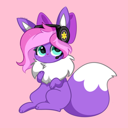 Size: 3730x3741 | Tagged: safe, artist:kittyrosie, oc, oc only, oc:lillybit, eevee, adorkable, bow, cute, dork, gaming headset, headphones, headset, high res, pink background, pokefied, pokémon, ribbon, simple background, solo