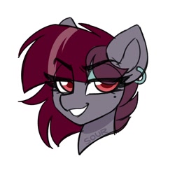Size: 2000x2000 | Tagged: safe, artist:sickly-sour, oc, oc only, oc:electrik star, pony, beauty mark, bust, ear piercing, earring, eye clipping through hair, eyebrows, eyebrows visible through hair, grin, high res, jewelry, lidded eyes, looking at you, piercing, simple background, smiling, smiling at you, solo, white background