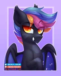 Size: 973x1196 | Tagged: safe, artist:sickly-sour, oc, oc only, bat pony, pony, bat pony oc, eye clipping through hair, eyebrows, eyebrows visible through hair, looking at you, raised eyebrow, solo, spread wings, wings