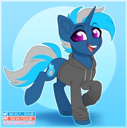 Size: 1011x1017 | Tagged: safe, artist:sickly-sour, oc, oc only, pony, unicorn, clothes, eyebrows, eyebrows visible through hair, hoodie, looking at you, open mouth, open smile, smiling, solo