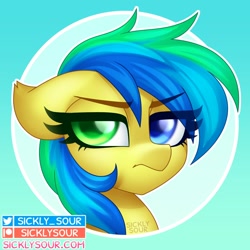 Size: 1000x1000 | Tagged: safe, artist:sickly-sour, oc, oc only, pony, bust, eye clipping through hair, eyebrows, eyebrows visible through hair, frown, heterochromia, looking at you, portrait, solo, unamused