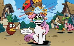 Size: 1207x746 | Tagged: safe, artist:brendahickey, idw, sweetie belle, pig, pony, unicorn, friends forever, g4, spoiler:comic, apple, banana, context is for the weak, dialogue, female, filly, floppy ears, foal, food, food transformation, fruit, fruit basket, grapes, hat, i've made a huge mistake, inanimate tf, magic, onomatopoeia, orange, pineapple, solo focus, straw hat, teary eyes, transformation, wat, watermelon