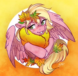 Size: 3179x3112 | Tagged: safe, artist:opalacorn, oc, oc only, oc:jet setter, pegasus, pony, autumn, blushing, clothes, female, grin, high res, leaf, leaves, looking at you, mare, scarf, smiling, smiling at you, solo
