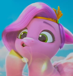 Size: 1100x1145 | Tagged: safe, edit, edited screencap, screencap, pipp petals, pegasus, pony, g5, hoof done it?, my little pony: make your mark, my little pony: make your mark chapter 2, adorapipp, cropped, cute, cute face, female, hoof on chin, lens flare, mare, solo