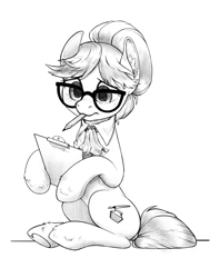 Size: 1752x2216 | Tagged: safe, artist:taytinabelle, writing desk, earth pony, pony, g4, black and white, clipboard, ear fluff, female, glasses, grayscale, hair bun, heart, hoof heart, mare, monochrome, mouth hold, necktie, not raven, pencil, simple background, sitting, sitting up, sketch, solo, underhoof, unshorn fetlocks, upside-down hoof heart, white background