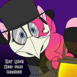 Size: 2500x2500 | Tagged: safe, artist:legendoflink, pinkie pie, earth pony, pony, g4, clothes, cute, dialogue, diapinkes, female, gloves, gradient background, hat, high res, implied anon, lantern, looking at you, mare, mask, pinktober, plague doctor, plague doctor mask