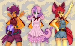 Size: 1400x857 | Tagged: dead source, safe, artist:slugbox, apple bloom, scootaloo, sweetie belle, human, anthro, g4, abstract background, cape, clothes, cmc cape, cutie mark crusaders, female, horn, horned humanization, humanized, pony coloring, winged humanization, wings