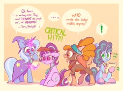 Size: 2700x2000 | Tagged: safe, artist:scribble-potato, misty, shanty (tfh), starlight glimmer, trixie, goat, pony, unicorn, them's fightin' herds, g4, g5, ..., :3, abstract background, annoyed, apology, bandana, cape, clothes, cloven hooves, community related, critical hit, cross-popping veins, emanata, exclamation point, female, freckles, group, hat, horn, horn impalement, irritated, magic, mare, misspelling, misunderstanding, open mouth, open smile, pen, ponytober, pure unfiltered evil, quartet, riddle, smiling, speech bubble, starlight glimmer is not amused, sweat, sweatdrops, telekinesis, trixie's brooch, trixie's cape, trixie's hat, unamused, unshorn fetlocks, writing