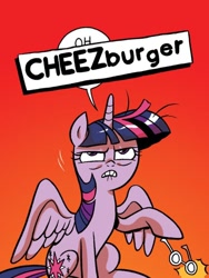 Size: 750x998 | Tagged: safe, artist:brendahickey, idw, twilight sparkle, alicorn, pony, friends forever, g4, spoiler:comic, spoiler:comicff12, censored, censored vulgarity, cheezburger, comic, dialogue, female, glasses, gradient background, mare, not an edit, oh cheezburger, solo, twilight sparkle (alicorn)